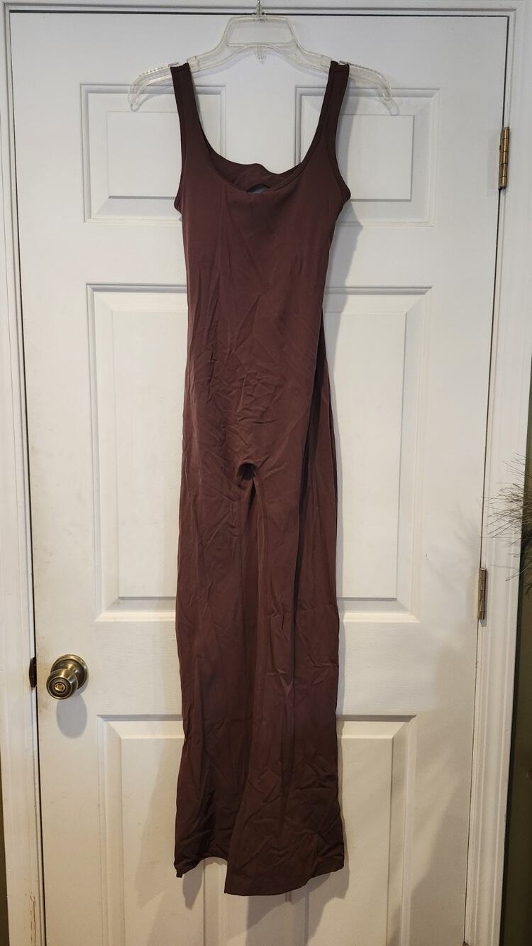 Boutique Womens M Full Length Jumpsuit Brown Nylon Spandex Flare Leg #396